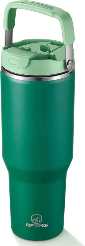 Gpeng 40 oz Tumbler with Handle, Water Bottles with Straw Lid, Insulated Stainless Steel Travel Mug Cup Holder Friendly, Keep Drinks Cold or Hot for 48  Hours