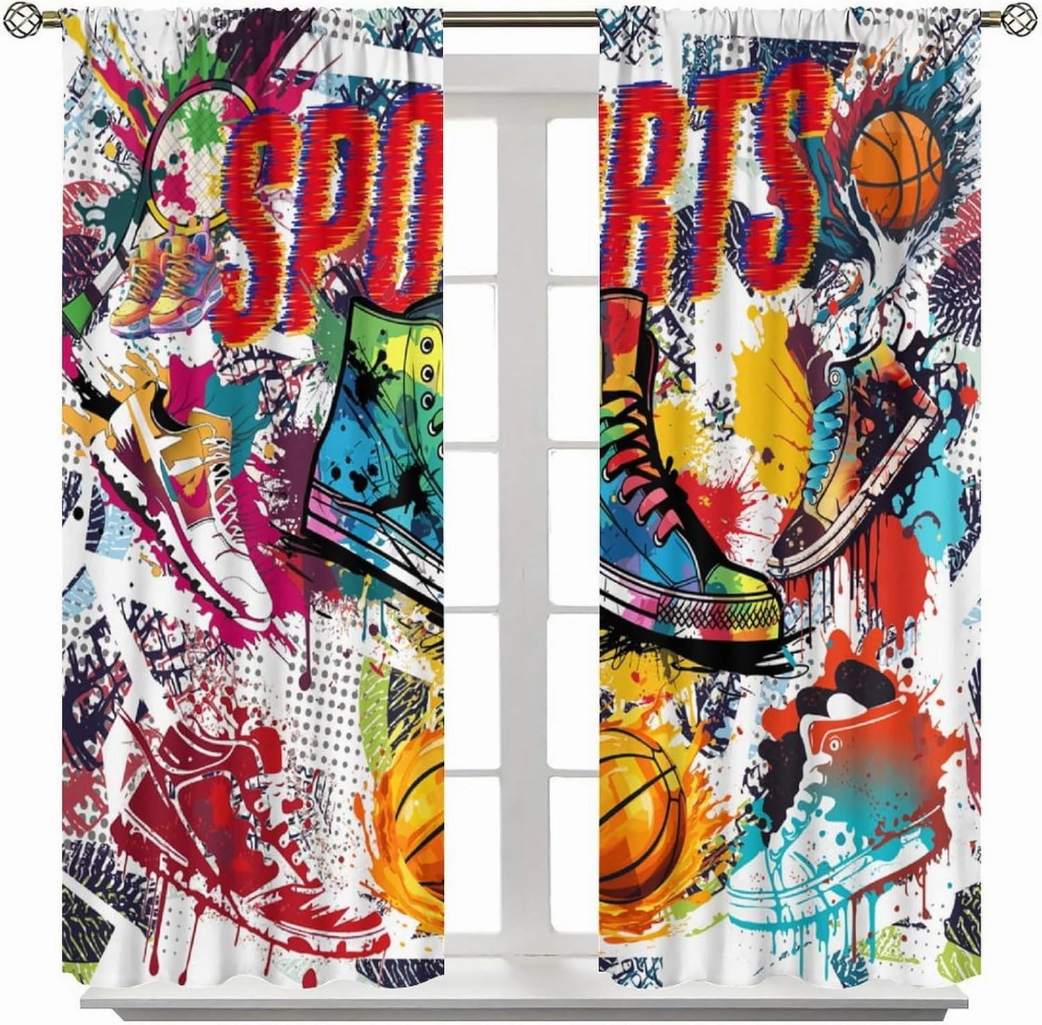 Graffiti Basketball Shoes Curtains,Colorful Abstract Geometric Retro Street Graffiti Basketball Sneakers Print Rod Pocket Window Treatments Drapes for Boys Teens Bedroom Living Room 55x63in