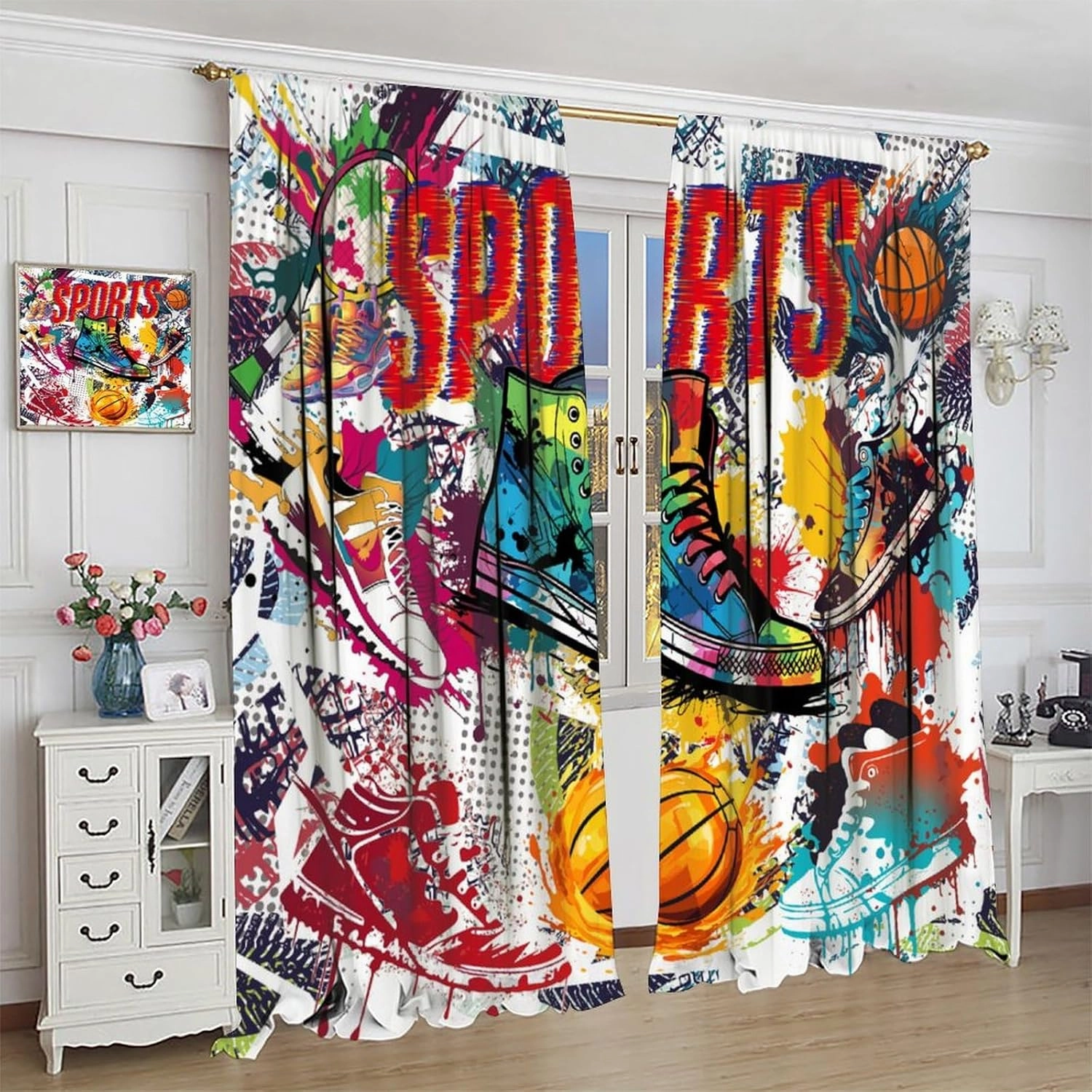 Graffiti Basketball Shoes Curtains,Colorful Abstract Geometric Retro Street Graffiti Basketball Sneakers Print Rod Pocket Window Treatments Drapes for Boys Teens Bedroom Living Room 55x63in
