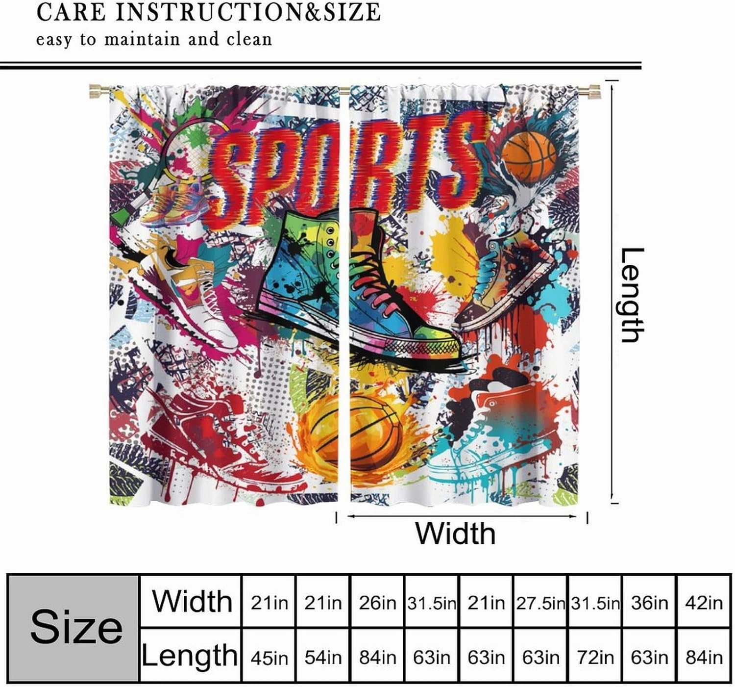Graffiti Basketball Shoes Curtains,Colorful Abstract Geometric Retro Street Graffiti Basketball Sneakers Print Rod Pocket Window Treatments Drapes for Boys Teens Bedroom Living Room 55x63in