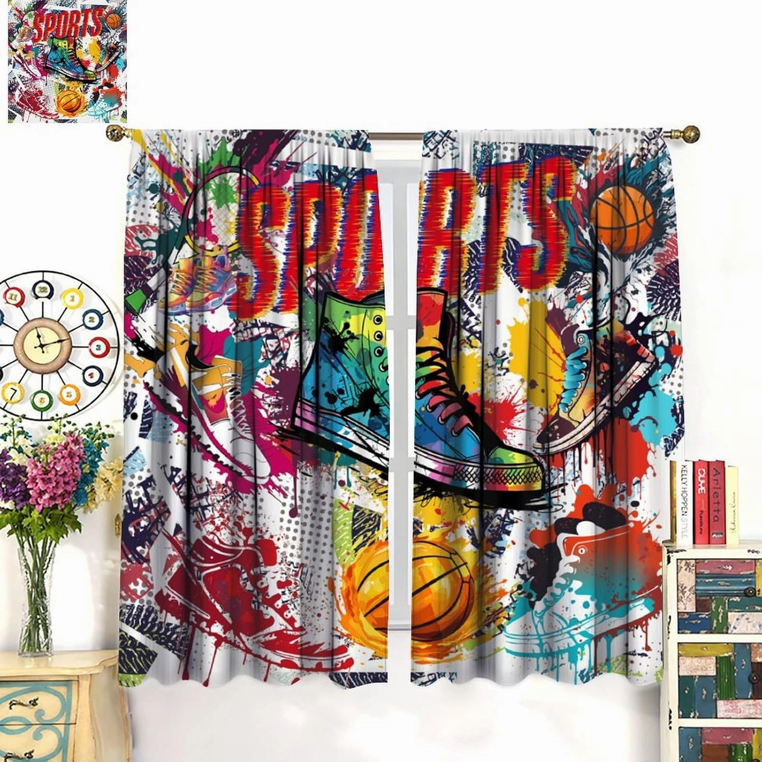 Graffiti Basketball Shoes Curtains,Colorful Abstract Geometric Retro Street Graffiti Basketball Sneakers Print Rod Pocket Window Treatments Drapes for Boys Teens Bedroom Living Room 55x63in