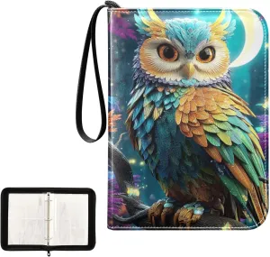 Green Owl Colorful Feathers Moon Card Binder 4 Pocket, Trading Card Holder Fits 400 Game Cards with 50 Removable Sleeves, MTG Card Case Standard Size