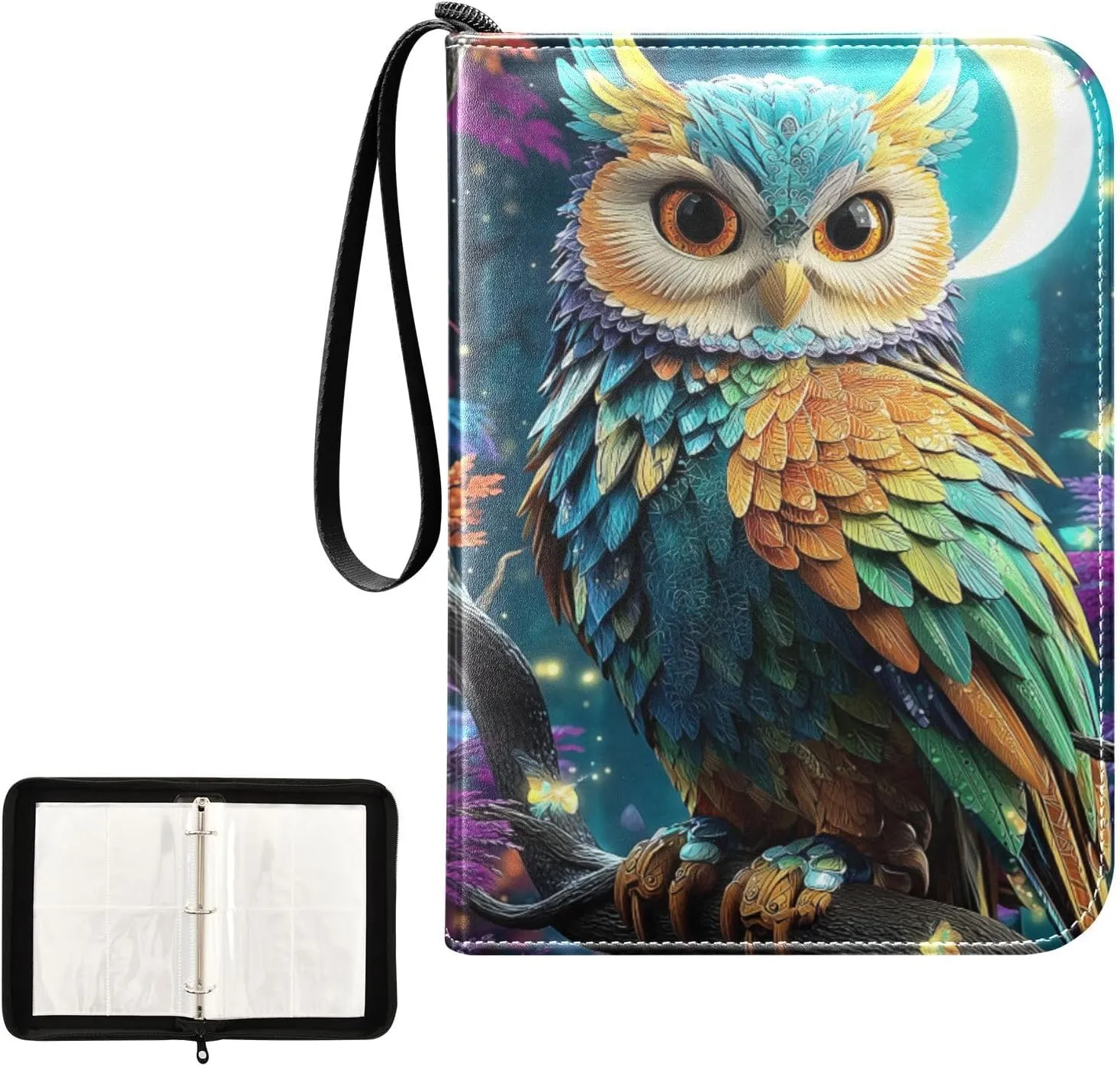 Green Owl Colorful Feathers Moon Card Binder 4 Pocket, Trading Card Holder Fits 400 Game Cards with 50 Removable Sleeves, MTG Card Case Standard Size