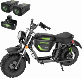 Greenworks 80V Battery-Powered Mini Bike for Adults - 25 MPH Max Speed,27 Miles Range,Steel Frame,1000W Brushless Motor,Bluetooth Speakers,(2) 8.0Ah Batteries and 8A Dual Port Rapid Charger