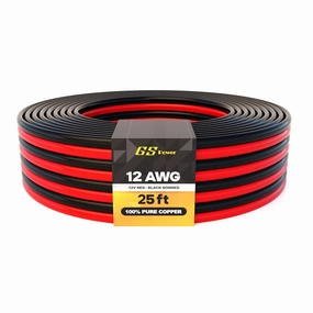 GS Power 12 AWG (American Wire Gauge) Flexible OFC Zip Cord Speaker Cable for Car Stereo Amplifier Remote Automotive Trailer Harness Hookup Wiring | 25 ft Red & 25' Black Bonded – Pure Copper