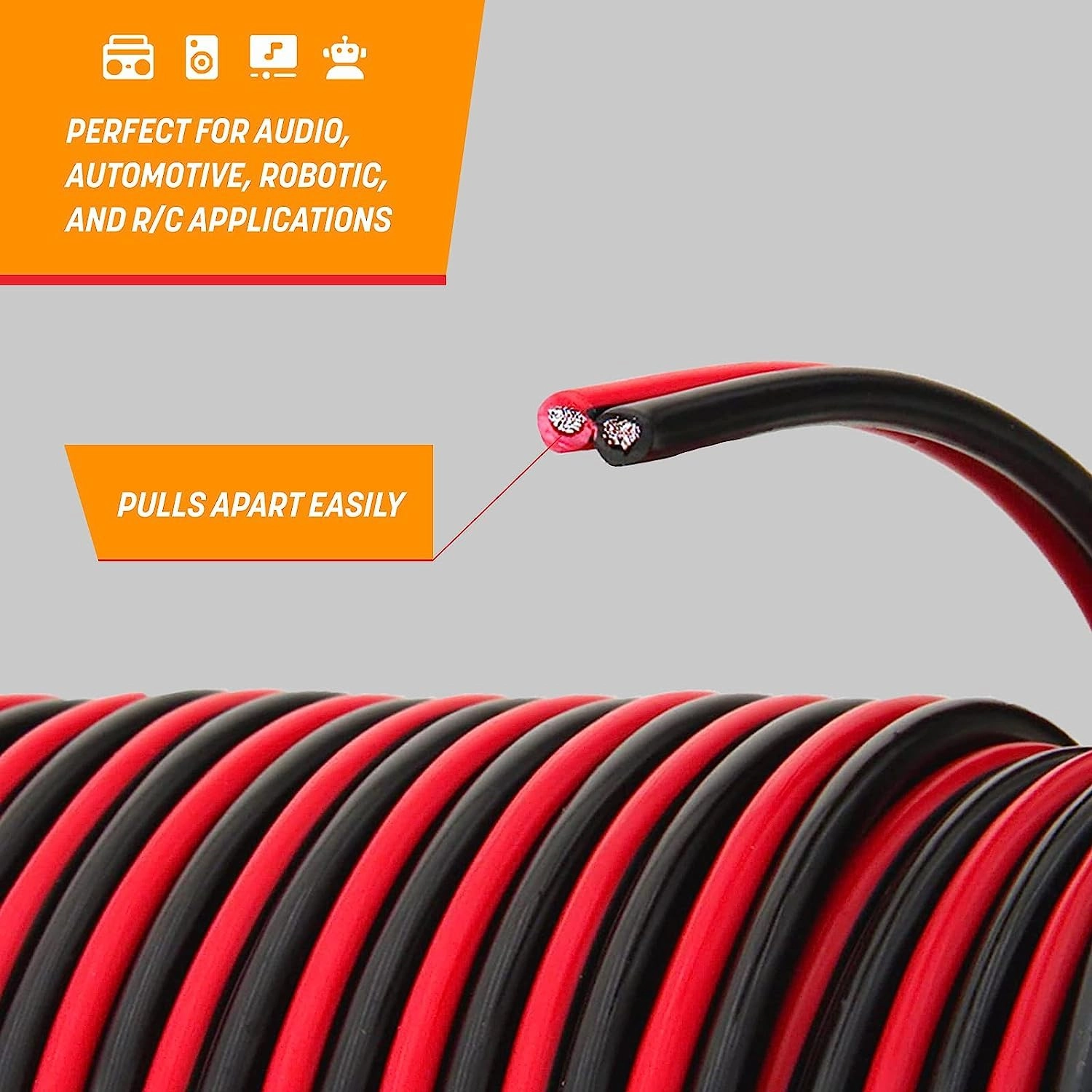 GS Power 12 AWG (American Wire Gauge) Flexible OFC Zip Cord Speaker Cable for Car Stereo Amplifier Remote Automotive Trailer Harness Hookup Wiring | 25 ft Red & 25' Black Bonded – Pure Copper