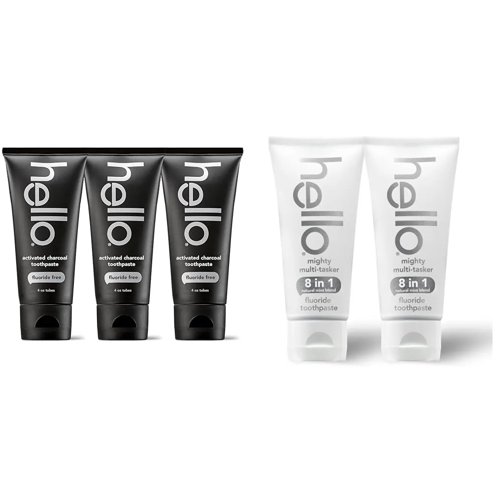 Hello Activated Charcoal Toothpaste, Fluoride Free with Activated Charcoal & Mighty Multitasker Fluoride Toothpaste, 8-in-1 Toothpaste with Minty Flavor, Anticavity