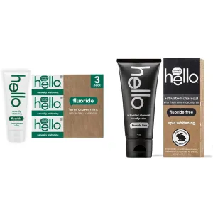 Hello Naturally Whitening Fluoride Toothpaste (3 Pack) and Activated Charcoal Epic Teeth Whitening Fluoride Free Toothpaste
