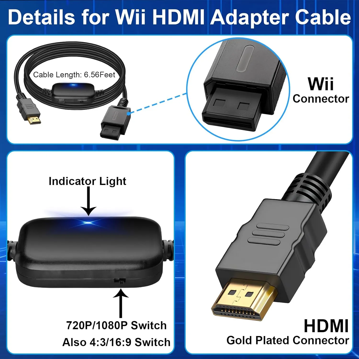 Herfair Wii HDMI Adapter 1080P Upscaler for Nintendo Wii/Wii U Console S/Video Signal Output Support 4:3/16:9 Ratio Display Wii2HDMI Converter (6.56FT, 100% Improved Picture Quality)