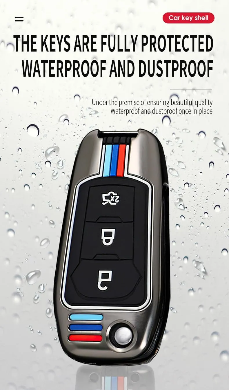 HIBEYO Flip 3 Button Key Fob Cover for Ford Focus 2 3 MK3 ST RS Ecosport Kuga Escape Fiesta C-Max S-Max Mondeo Transit Tourneo Accessories Alloy TPU Key Shell with Keychains-3 Button Black