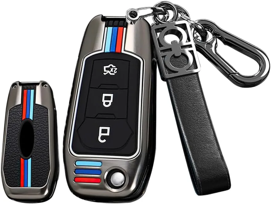 HIBEYO Flip 3 Button Key Fob Cover for Ford Focus 2 3 MK3 ST RS Ecosport Kuga Escape Fiesta C-Max S-Max Mondeo Transit Tourneo Accessories Alloy TPU Key Shell with Keychains-3 Button Black