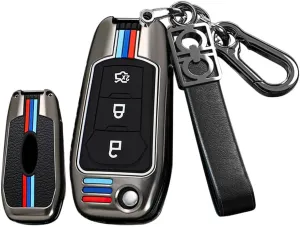 HIBEYO Flip 3 Button Key Fob Cover for Ford Focus 2 3 MK3 ST RS Ecosport Kuga Escape Fiesta C-Max S-Max Mondeo Transit Tourneo Accessories Alloy TPU Key Shell with Keychains-3 Button Black