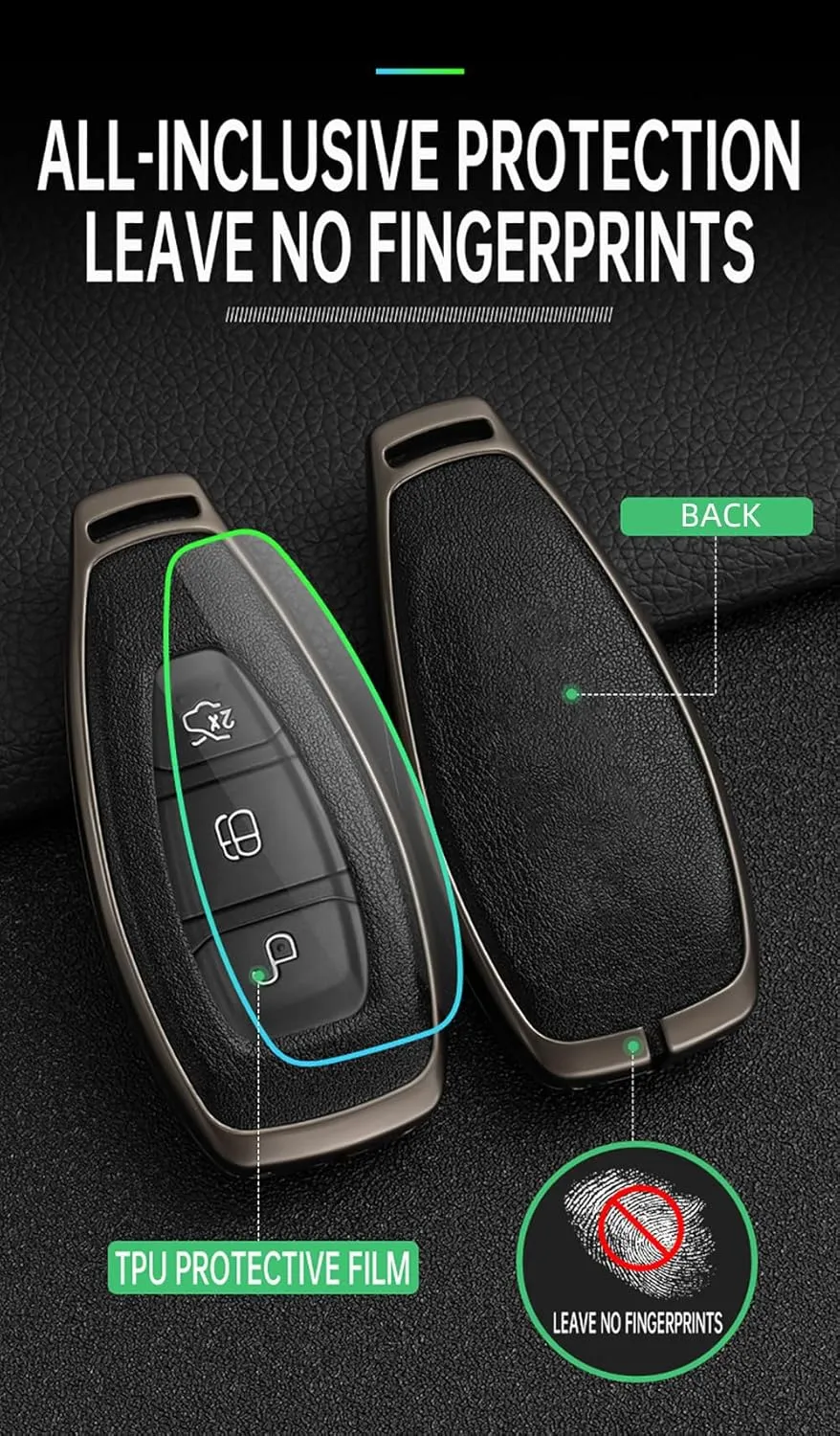 HIBEYO Key Case Cover For Ford Focus 3 4 ST Mondeo MK3 MK4 Fiesta Fusion Kuga 2013 2014 2015 2017 Accessories with Keychains Alloy PU Leather Material Key Fob Cover-Black Brown
