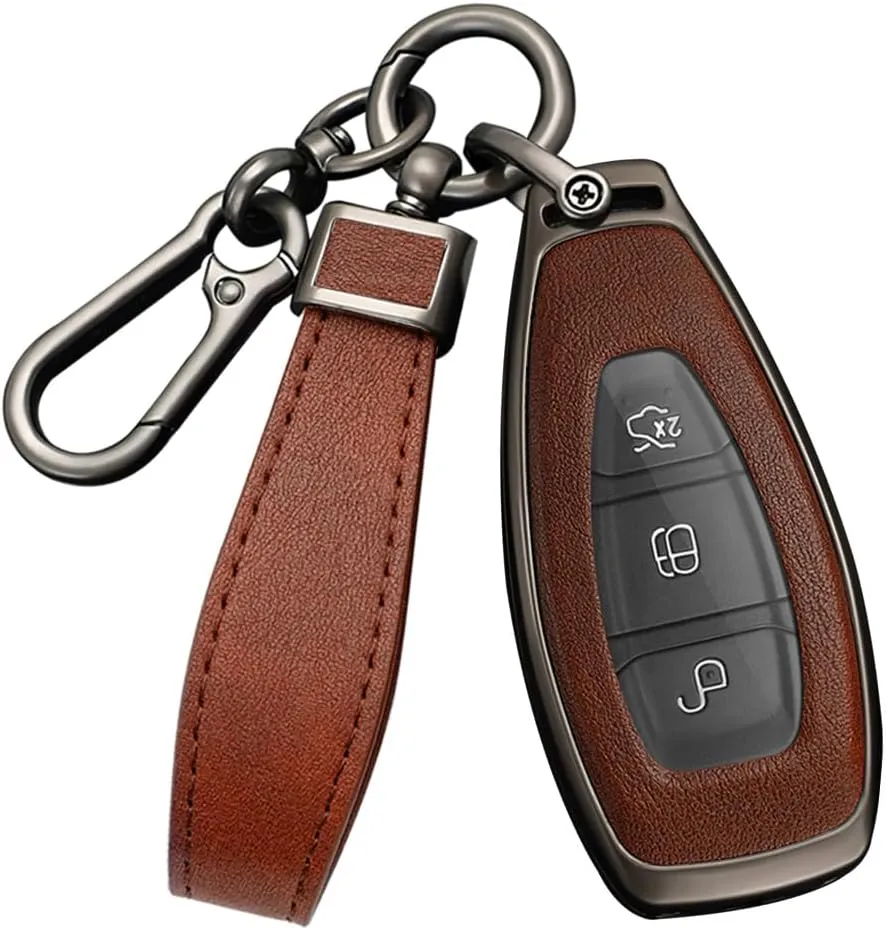 HIBEYO Key Case Cover For Ford Focus 3 4 ST Mondeo MK3 MK4 Fiesta Fusion Kuga 2013 2014 2015 2017 Accessories with Keychains Alloy PU Leather Material Key Fob Cover-Black Brown