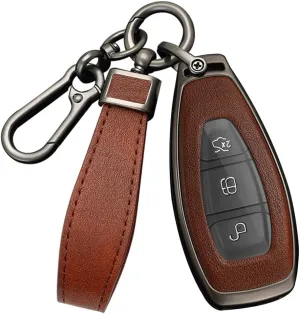 HIBEYO Key Case Cover For Ford Focus 3 4 ST Mondeo MK3 MK4 Fiesta Fusion Kuga 2013 2014 2015 2017 Accessories with Keychains Alloy PU Leather Material Key Fob Cover-Black Brown
