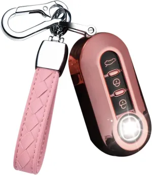 HIBEYO Key Fob Cover for Fiat 500 Linea 3 Button Filping Smart Remote Auto Key Shell with Leather Keychains for Fiat 500 Accessories Soft TPU Key Case-Pink