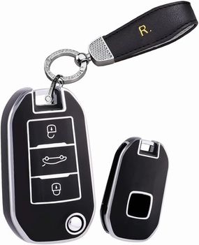 HIBEYO Key Fob Cover for Peugeot 208 2008 301 308 3008 RCZ 508 408 2008 307 Case for Citroen C3 C4 Berlingo 2021 Smart Key Case Accessories Protector with Bling Keychains-Black
