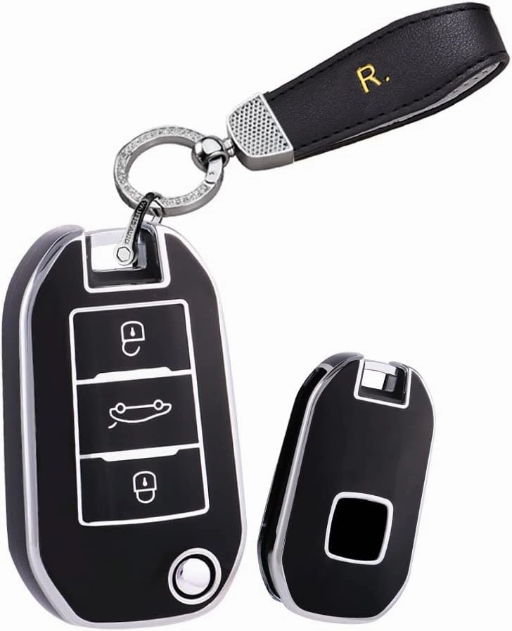HIBEYO Key Fob Cover for Peugeot 208 2008 301 308 3008 RCZ 508 408 2008 307 Case for Citroen C3 C4 Berlingo 2021 Smart Key Case Accessories Protector with Bling Keychains-Black