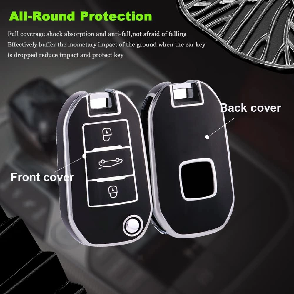 HIBEYO Key Fob Cover for Peugeot 208 2008 301 308 3008 RCZ 508 408 2008 307 Case for Citroen C3 C4 Berlingo 2021 Smart Key Case Accessories Protector with Bling Keychains-Black