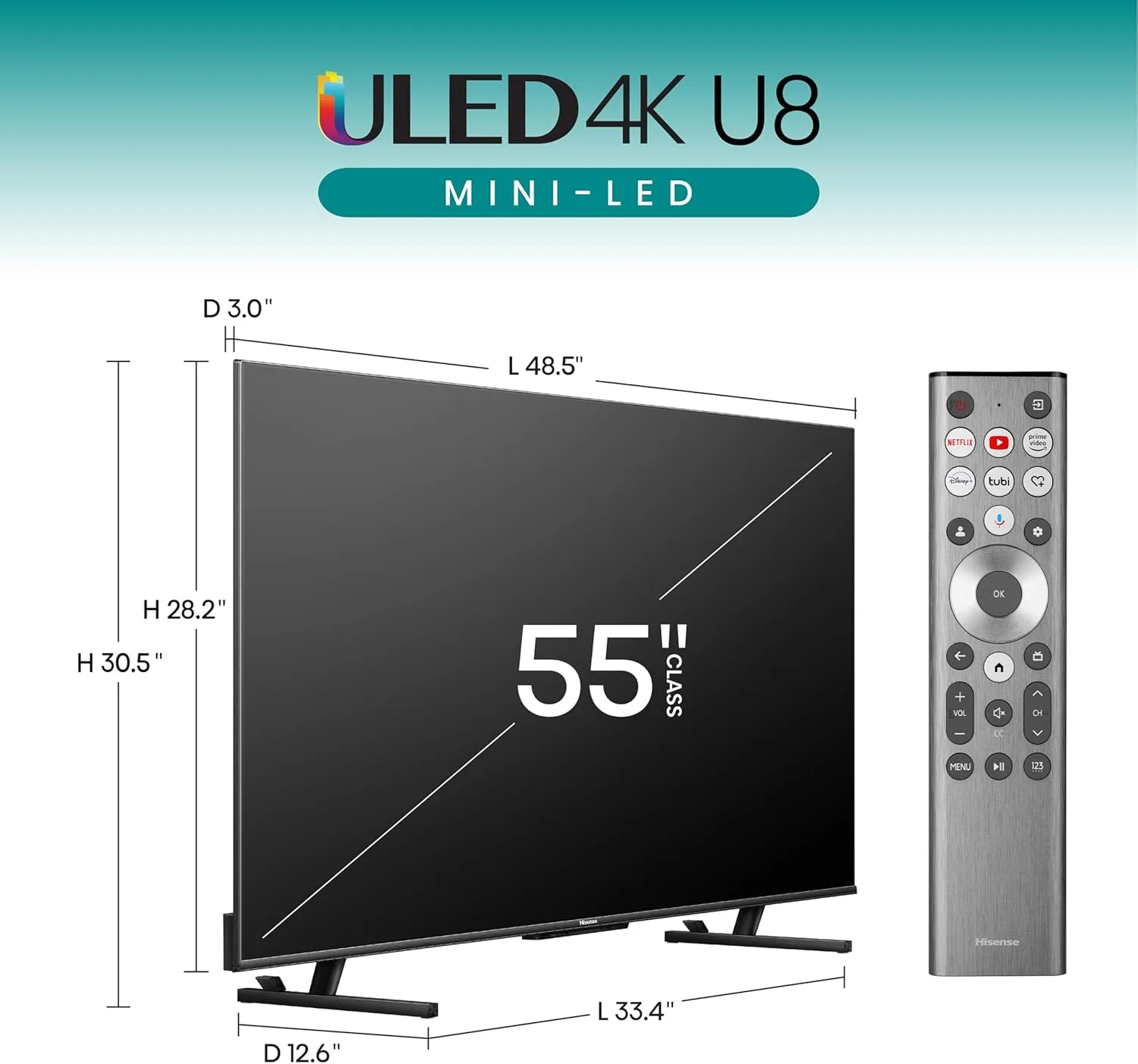 Hisense 55-Inch Class U8 Series Mini-LED ULED 4K UHD Google Smart TV (55U8N, 2024 Model) - QLED, Dolby Vision IQ, Dolby Atmos, Full Array Local Dimming Pro, 144Hz Game Mode Pro, Alexa Compatibility