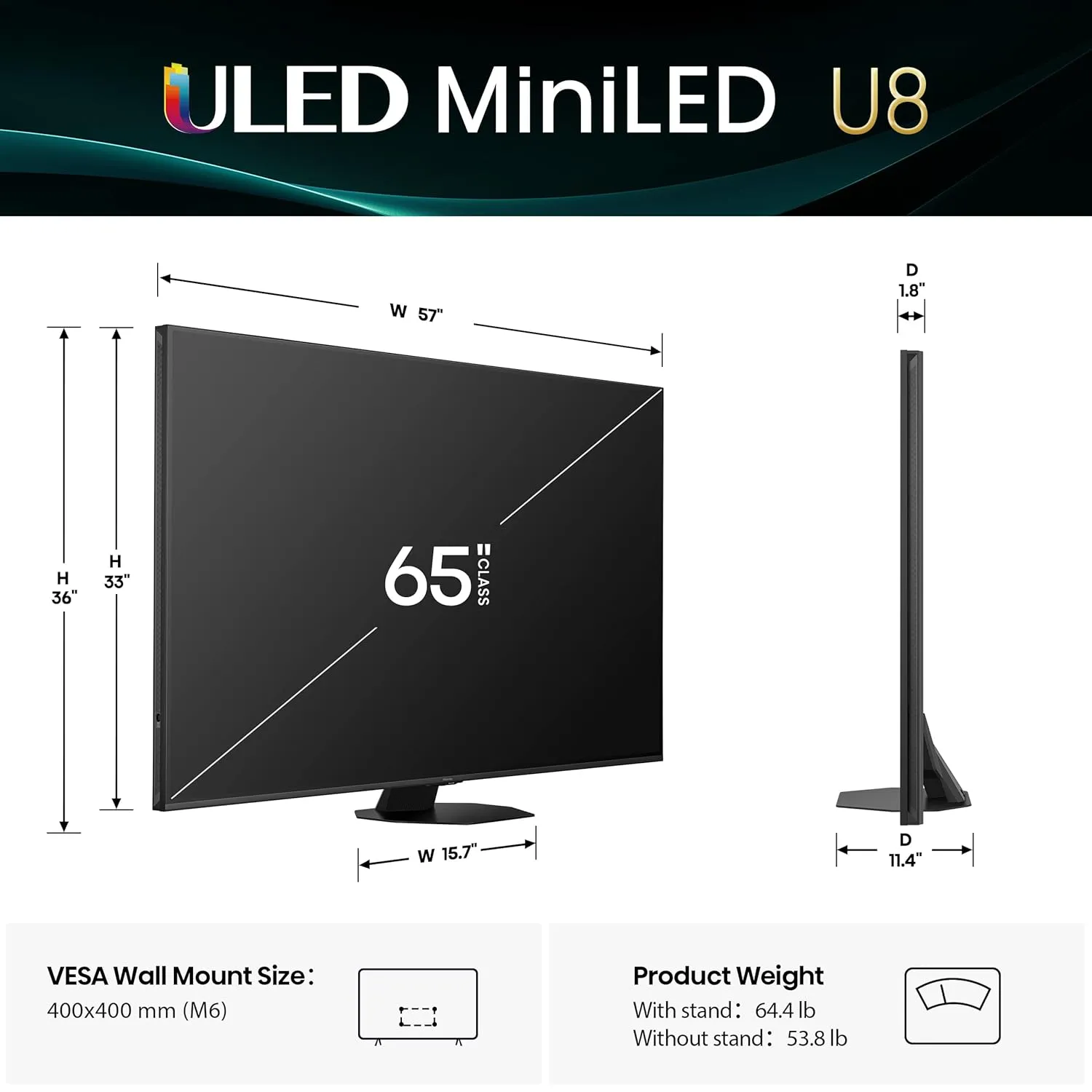 Hisense 65" Class U8 Series Mini-LED ULED 4K UHD Google Smart TV (65U8QG, 2025 Model) - QLED, Native 165Hz, Game Mode Ultra VRR 288, Dolby Vision IQ · Atmos, Full Array Local Dimming, 4.1.2 Ch