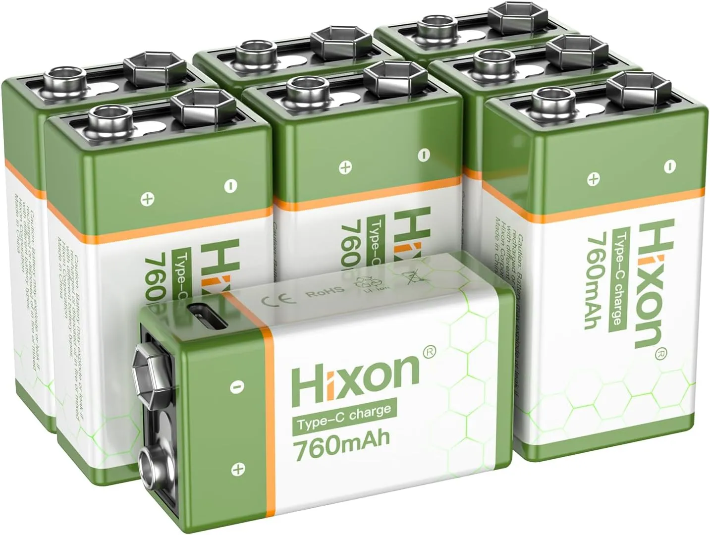 Hixon USB 9V Rechargeable Lithium Batteries - Long-Lasting 760mAh 9 Volt LI-ion Batteries with Type C Charging Cable - for Alarms Wireless Microphones Smoke Detectors Toys(8 Pack)