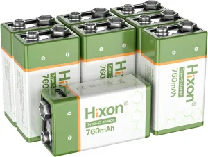 Hixon USB 9V Rechargeable Lithium Batteries - Long-Lasting 760mAh 9 Volt LI-ion Batteries with Type C Charging Cable - for Alarms Wireless Microphones Smoke Detectors Toys(8 Pack)