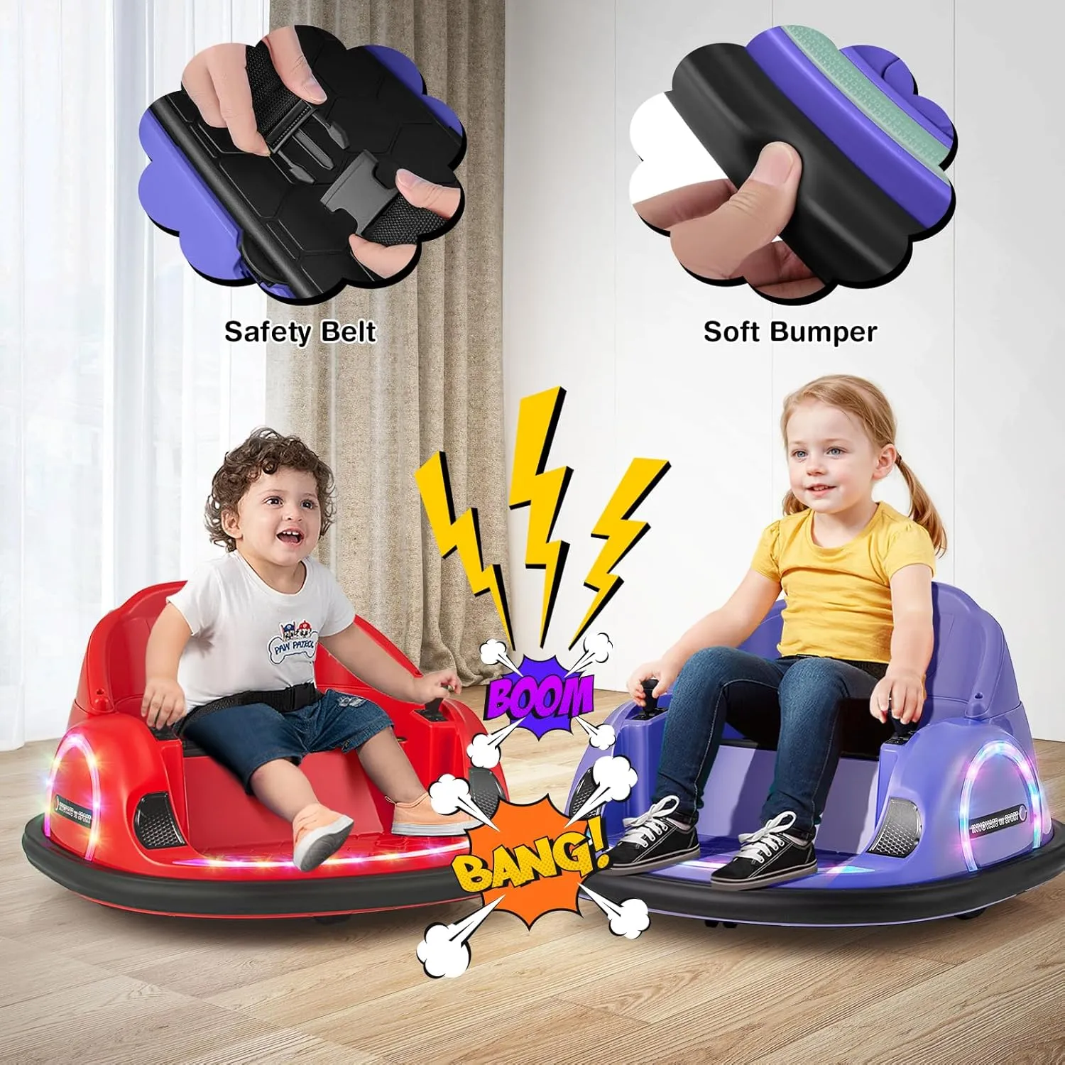 HONEY JOY 12V Baby Bumper Car, Bumper Car for Toddlers, Ride On Toy Car with Remote Control, 360 Degree Spin, Music, Bright LED Lights, Electric Bumping Car for Kids Boys Girls (Purple)