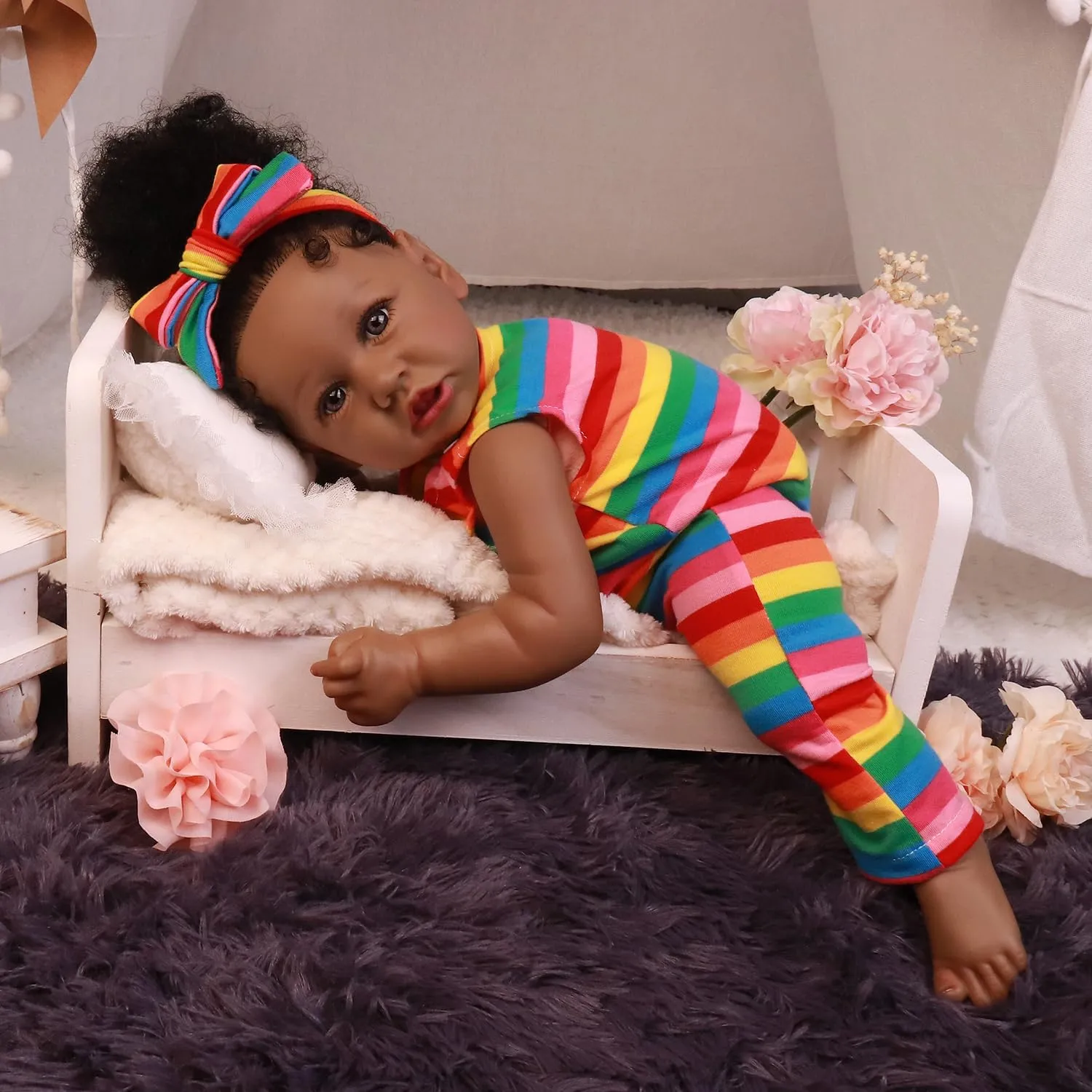 HOOMAI Lifelike Reborn Baby Dolls with Soft Body African American Realistic Girl Doll 22.8 Inch Best Birthday Gift Set