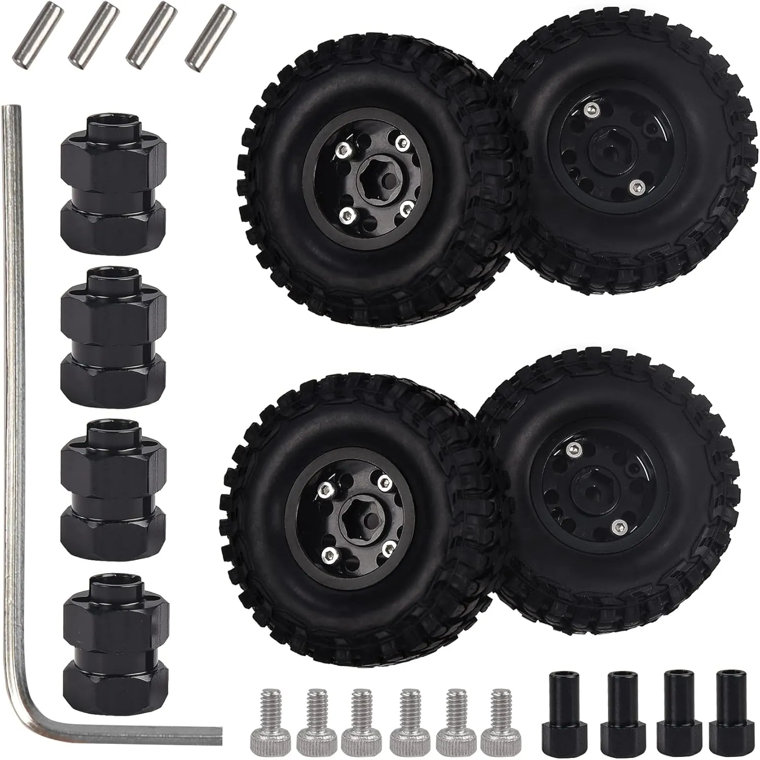 Hosim 1/24 Beadlock RC Crawler 1.0 Tires and Wheels 4pcs Metal Wheel Hub for RC Cars AXIAL SCX24 90081 AXI0001/02,Pack with A Set of Screws