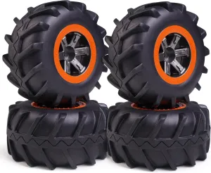 Hosim Rc Wheels and Tires 12mm Hex for 1/10 Scale RC Car, RC Buggy Tires and Wheels with Foam Inserts for Traxxas Slash 2WD 4x4 RC Monster Truck, Pre-Glued, 4PCS