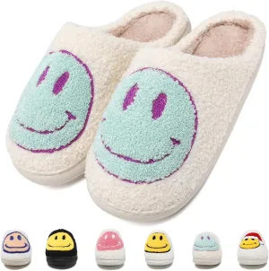 House Slippers for Women Indoor,Retro Smile Face Slippers,Casual Unisex House Shoes Memory Foam Slippers Indoor and Outdoor Warm Plush Bedroom Shoes with Faux Fur Lining