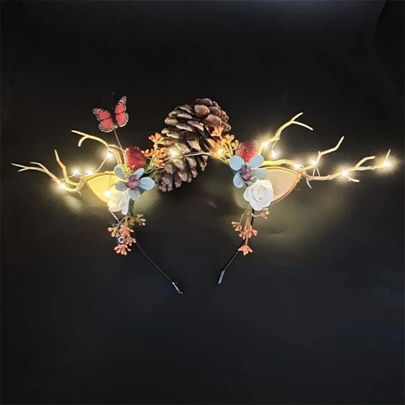 HULIANFU 2023 Luminous Elk Antler Headband Christmas Concert Forest Branch Deer Ear Headgear Hair Accessories Scenic Stage Show Photo Props
