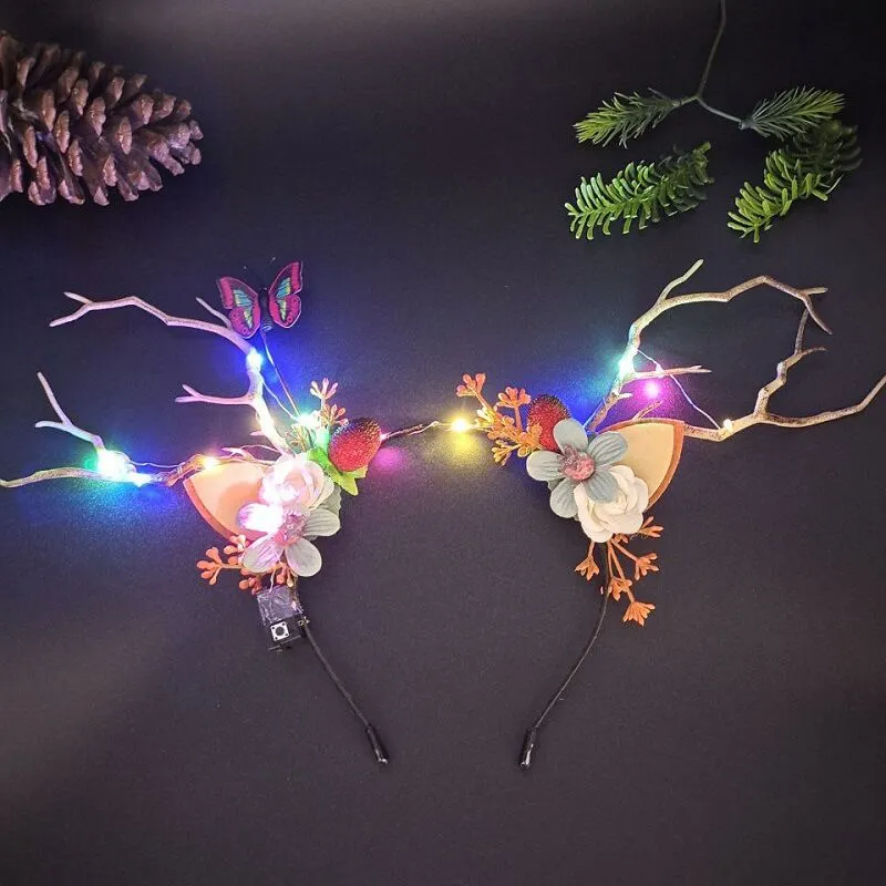 HULIANFU 2023 Luminous Elk Antler Headband Christmas Concert Forest Branch Deer Ear Headgear Hair Accessories Scenic Stage Show Photo Props