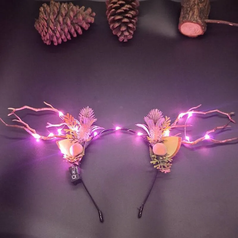 HULIANFU 2023 Luminous Elk Antler Headband Christmas Concert Forest Branch Deer Ear Headgear Hair Accessories Scenic Stage Show Photo Props