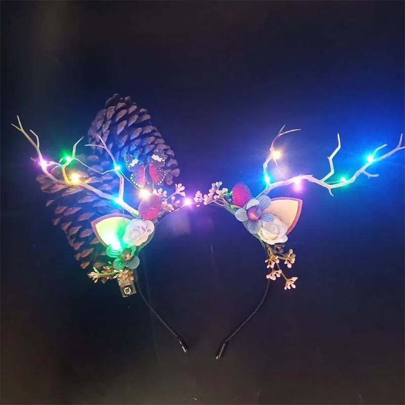 HULIANFU 2023 Luminous Elk Antler Headband Christmas Concert Forest Branch Deer Ear Headgear Hair Accessories Scenic Stage Show Photo Props