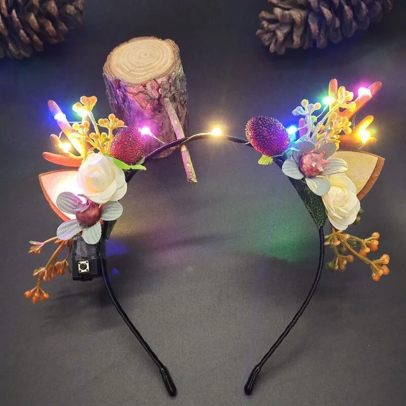 HULIANFU 2023 Luminous Elk Antler Headband Christmas Concert Forest Branch Deer Ear Headgear Hair Accessories Scenic Stage Show Photo Props