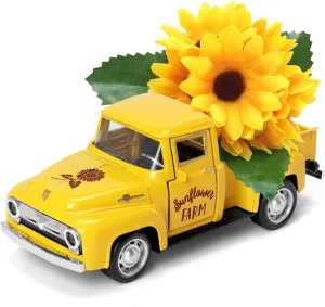 Huray Rayho Sunflower Metal Truck with Artificial Plastic Flower Yellow Vintage Farm Pickup Farmhouse Tabletop Tiered Tray Decor Home Kitchen Mantel Shelf Spring Mini Diecast Truck Decorations