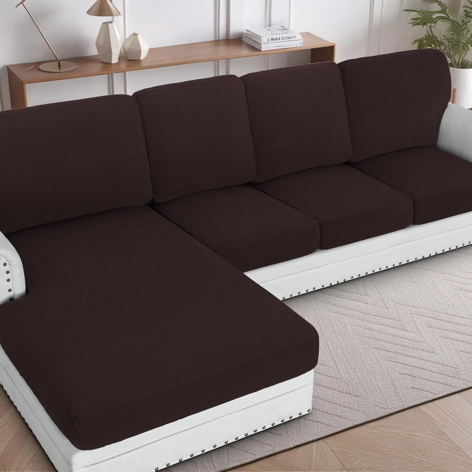 H.VERSAILTEX 2025 New Sectional Couch Covers 8 Pieces Stretch Sofa Covers for Sectional Sofa Set Separate L Shaped Couch Cover for Both Left/Right Couch (Seat and Back: 1 Chaise   3 Sofa, Chocolate)