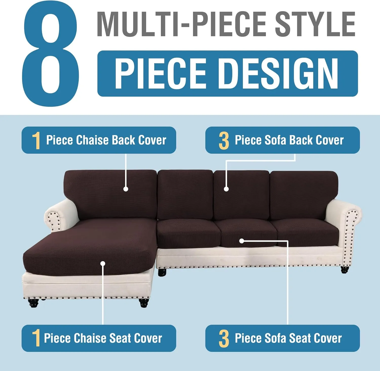 H.VERSAILTEX 2025 New Sectional Couch Covers 8 Pieces Stretch Sofa Covers for Sectional Sofa Set Separate L Shaped Couch Cover for Both Left/Right Couch (Seat and Back: 1 Chaise   3 Sofa, Chocolate)