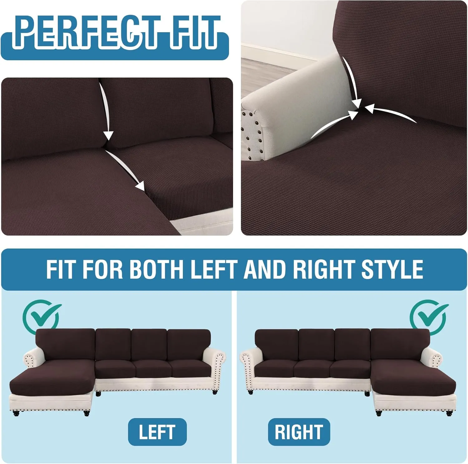 H.VERSAILTEX 2025 New Sectional Couch Covers 8 Pieces Stretch Sofa Covers for Sectional Sofa Set Separate L Shaped Couch Cover for Both Left/Right Couch (Seat and Back: 1 Chaise   3 Sofa, Chocolate)