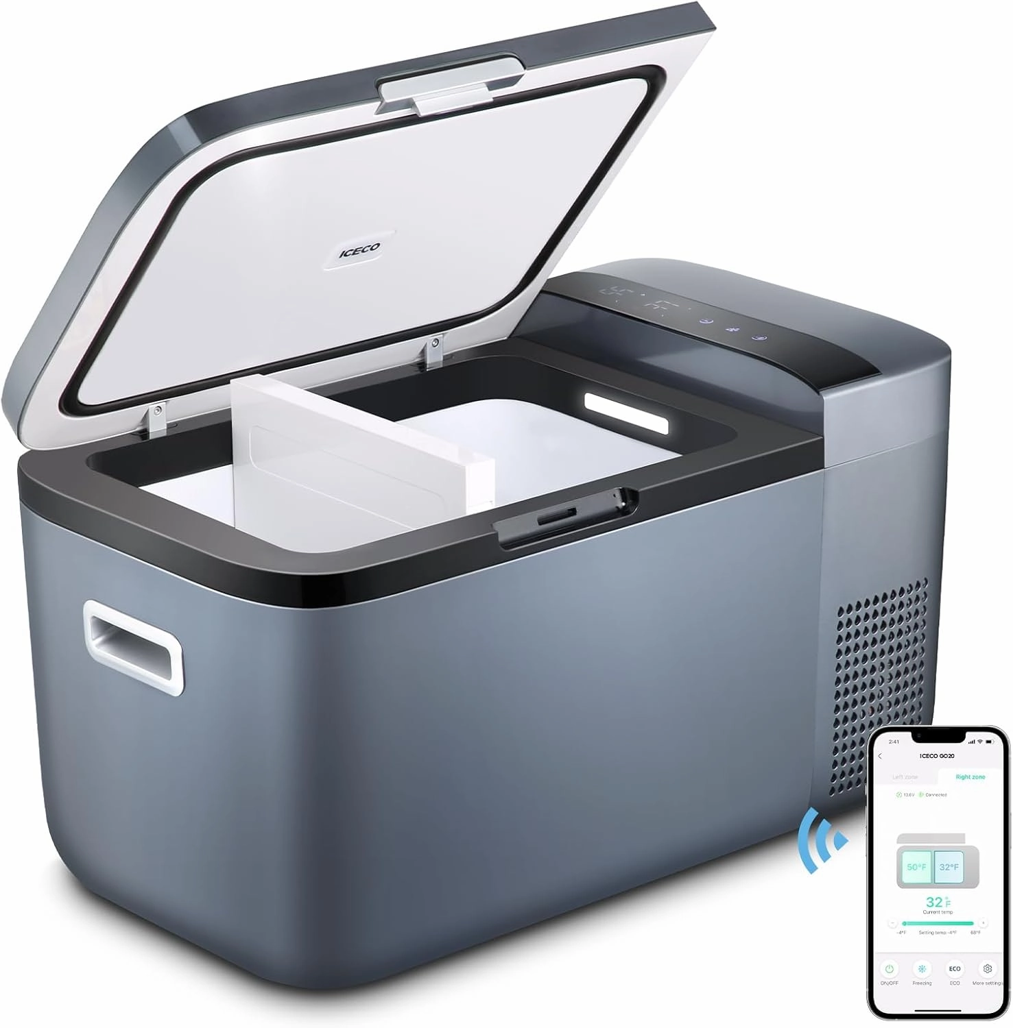 ICECO GO20 Dual Zone 12V Refrigerator, Portable Fridge Freezer with SECOP Compressor, DC 12/24V, AC 100-240V, 0℉ to 50℉, Electric Cooler for Truck, RV, SUV, Outdoor, Driving, 21 Quart, Gray