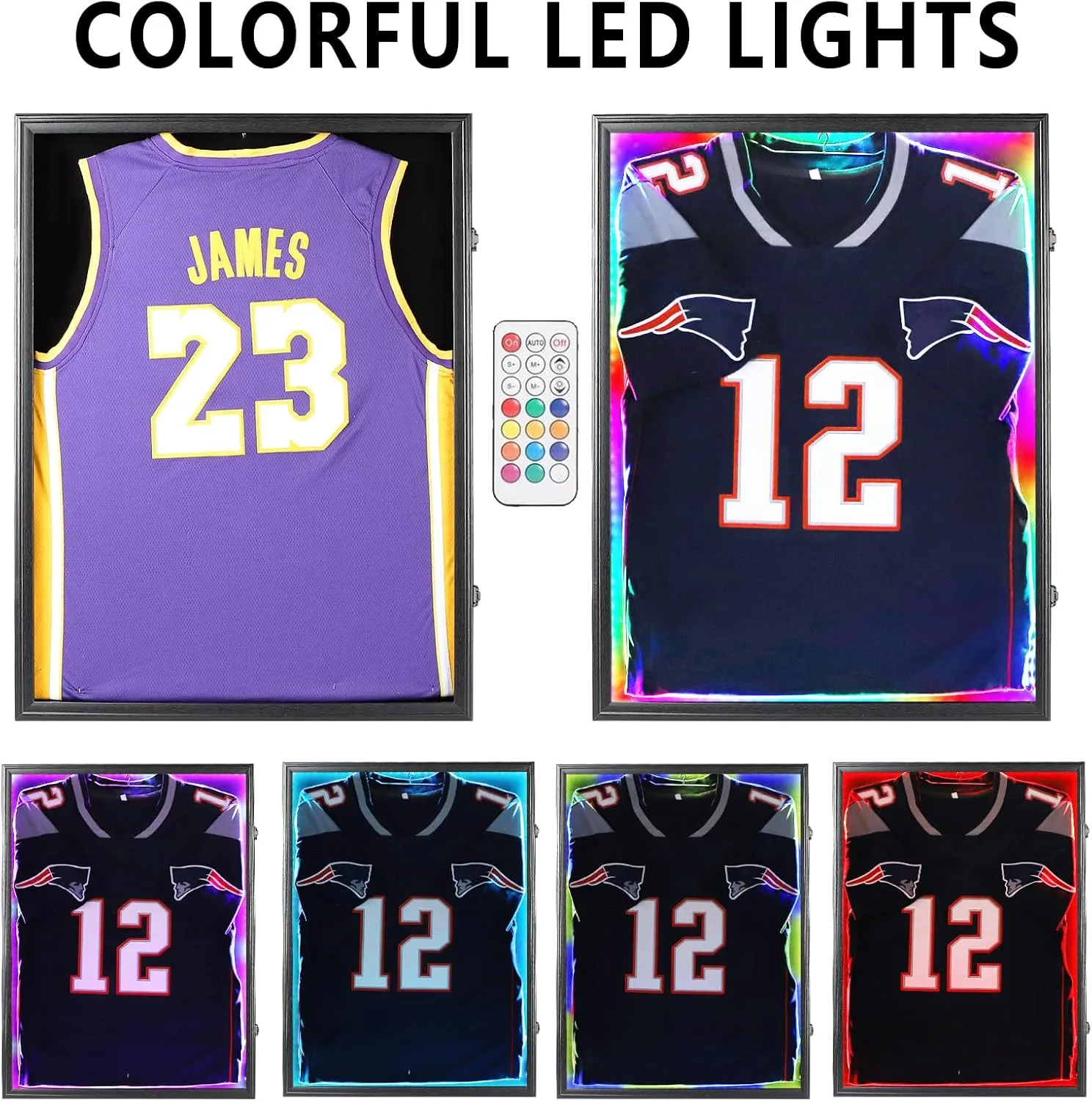 IHEIPYE LED Jersey Frame Display Case - Shadow Box with LED Light - Black Lock, 98% UV Resistant Acrylic Wall Mount Display Case for Football, Baseball, Basketball Jersey with Light