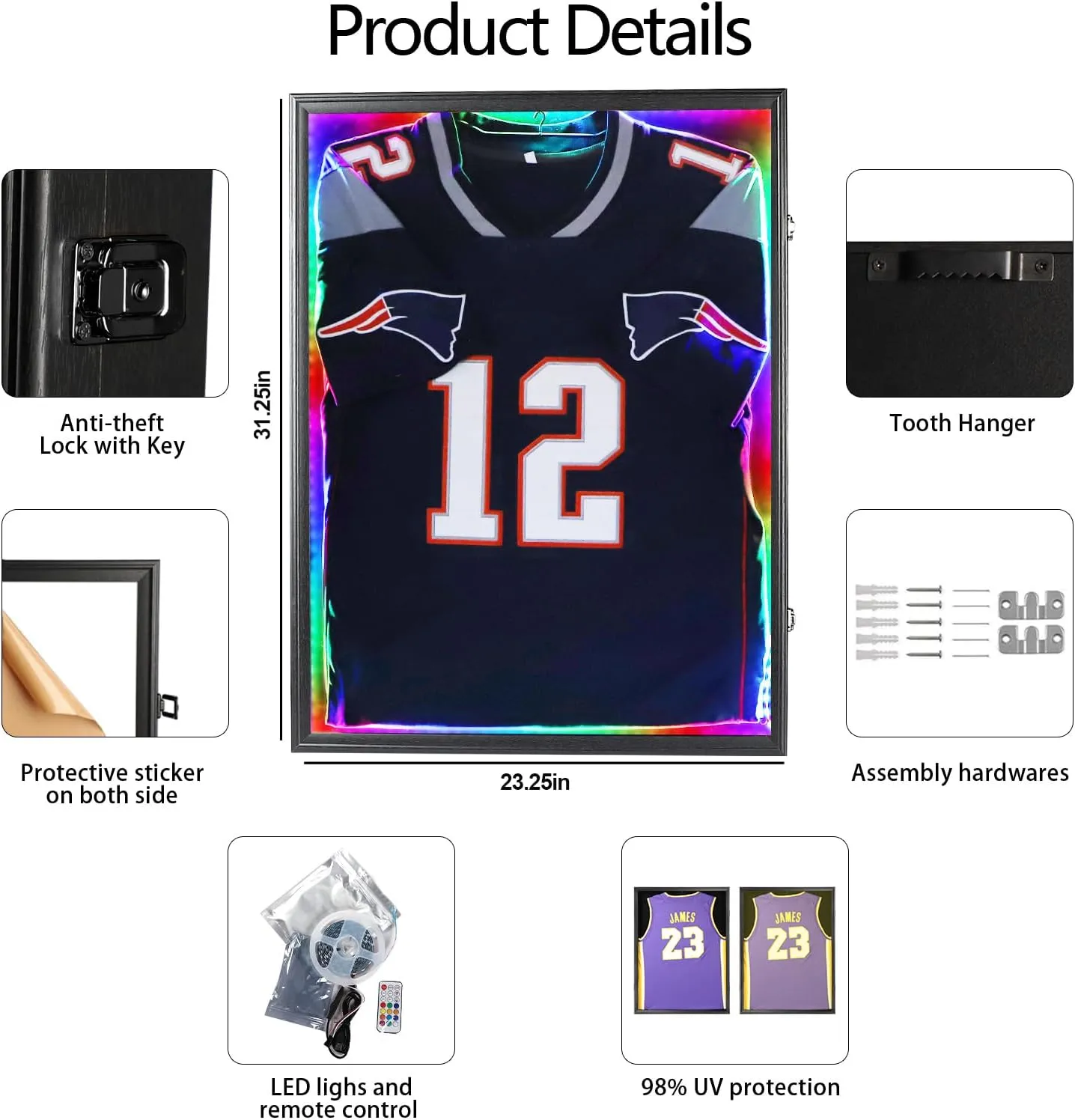 IHEIPYE LED Jersey Frame Display Case - Shadow Box with LED Light - Black Lock, 98% UV Resistant Acrylic Wall Mount Display Case for Football, Baseball, Basketball Jersey with Light