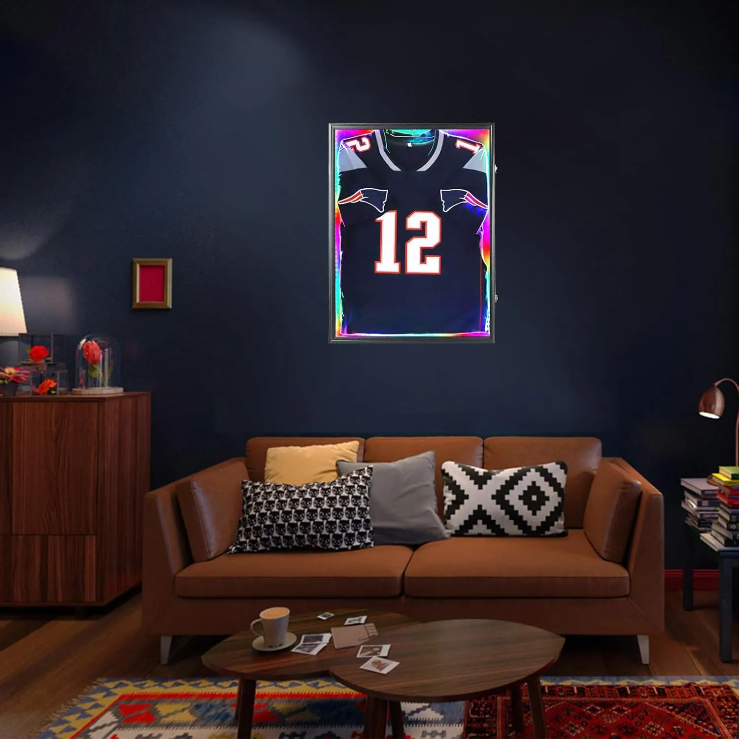 IHEIPYE LED Jersey Frame Display Case - Shadow Box with LED Light - Black Lock, 98% UV Resistant Acrylic Wall Mount Display Case for Football, Baseball, Basketball Jersey with Light