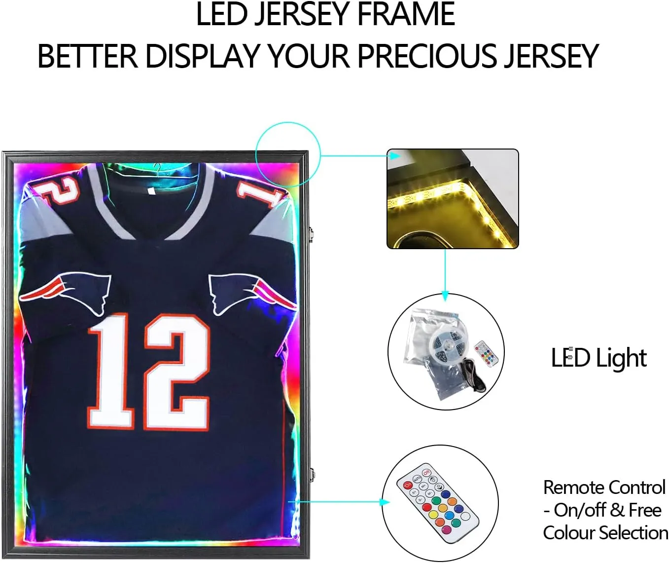 IHEIPYE LED Jersey Frame Display Case - Shadow Box with LED Light - Black Lock, 98% UV Resistant Acrylic Wall Mount Display Case for Football, Baseball, Basketball Jersey with Light