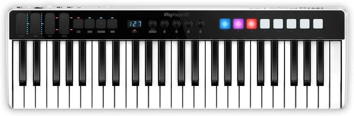 IK Multimedia iRig Keys I/O 49 portable keyboard MIDI controller 24-bit/ 96Khz audio interface full-size synth velocity-sensitive, 48V phantom power, XLR mic preamp, iPhone, iPad, Android, Mac, PC