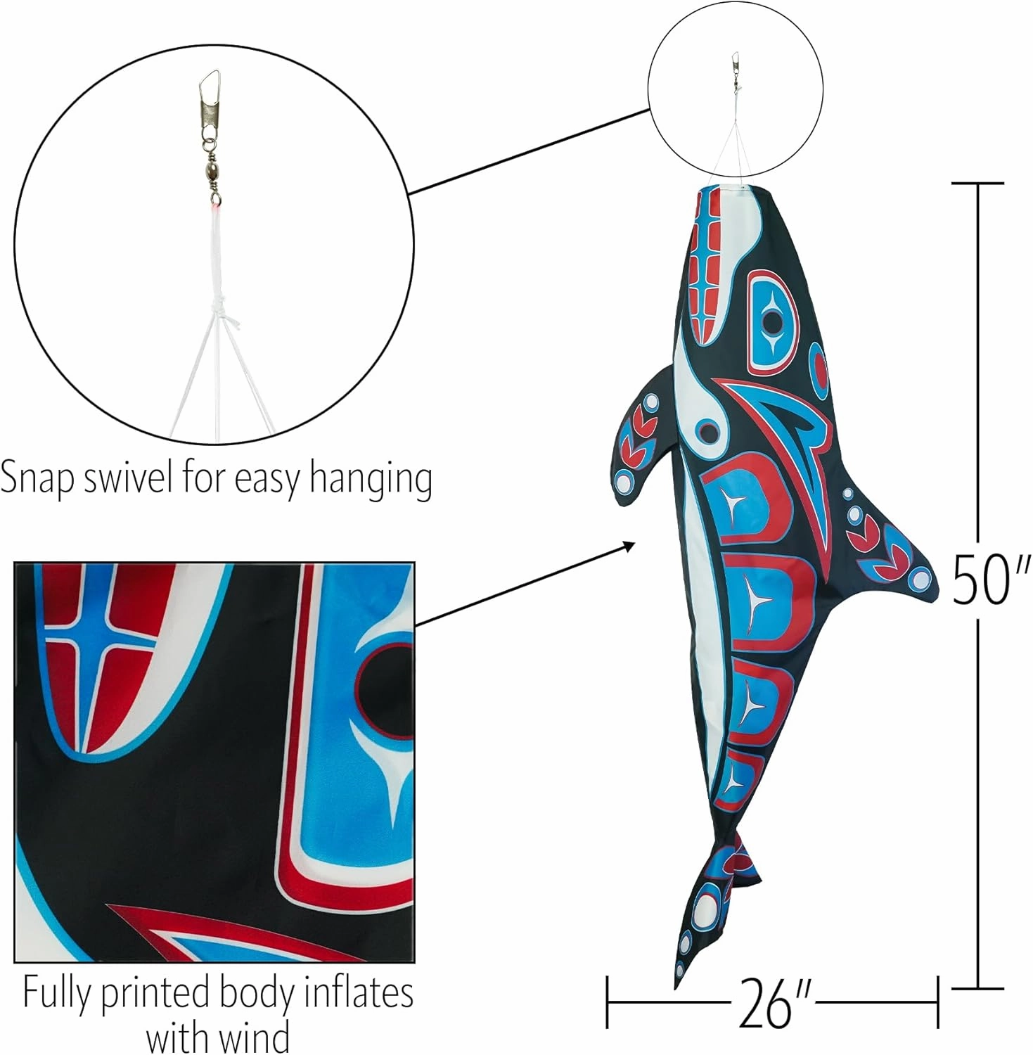 In the Breeze 5242 — Orca Totem 48-inch Fish Windsock — Fully Printed PNW Native-Inspired Garden Décor