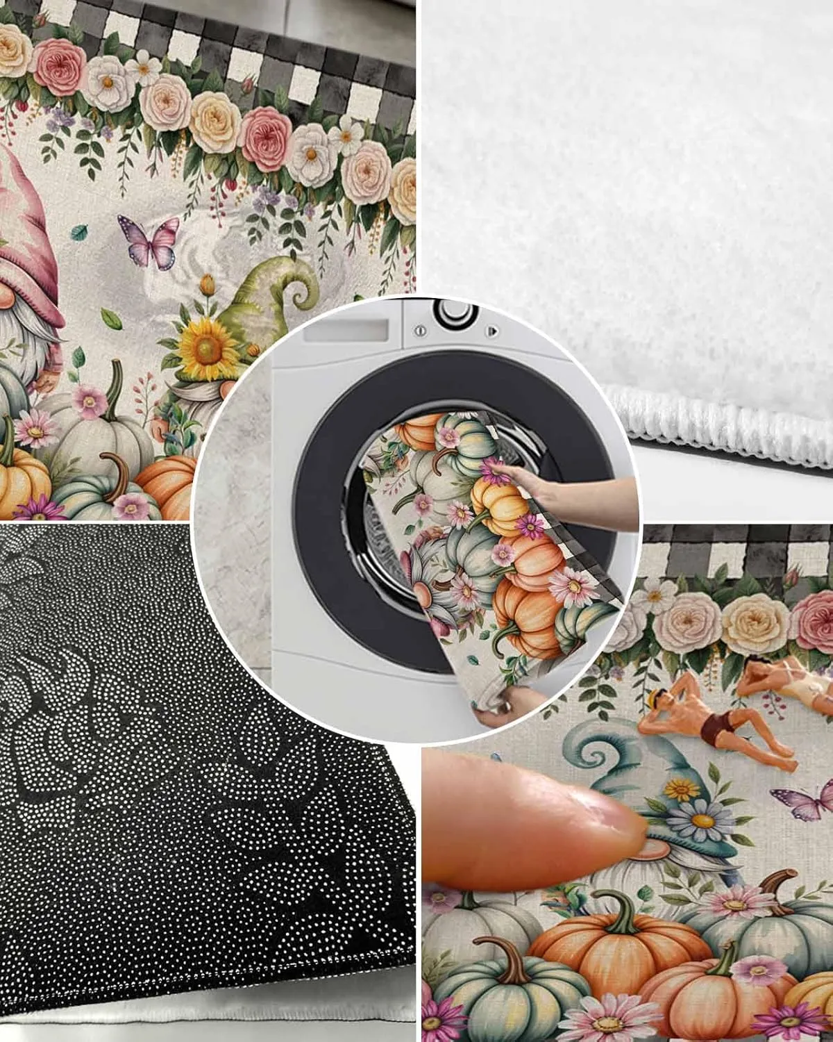 Indoor Doormat Fall Gnoms Pumpkin Sunflower,Shaggy Floor Mat with Non-Skid Backing Classic Black Buffalo on Retro,Machine Washable Plush Area Rug Carpets for Kitchen Nursery Bedroom