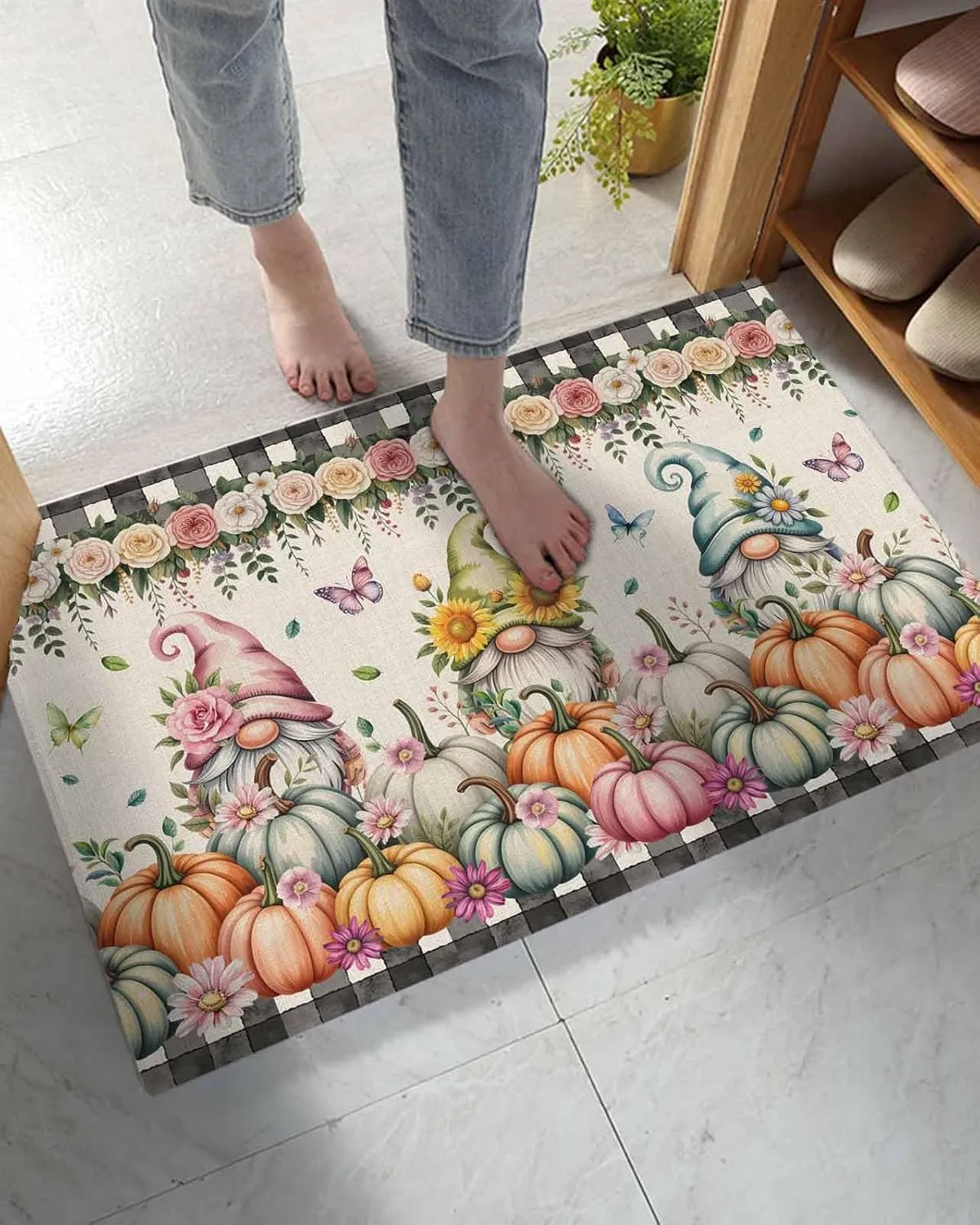 Indoor Doormat Fall Gnoms Pumpkin Sunflower,Shaggy Floor Mat with Non-Skid Backing Classic Black Buffalo on Retro,Machine Washable Plush Area Rug Carpets for Kitchen Nursery Bedroom